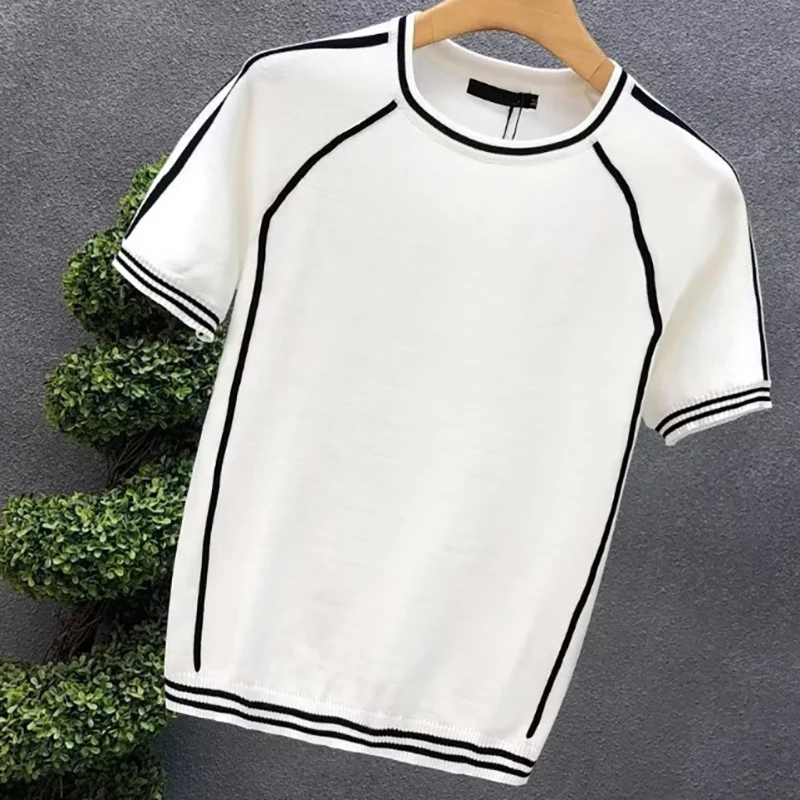Irregular Lines Herren-Strick-T-Shirt, Sommer, Schwarz, Weiß, Kontrastfarbe, Rundhalsausschnitt, kurze Ärmel, atmungsaktives Strick-T-Shirt – Detail 8