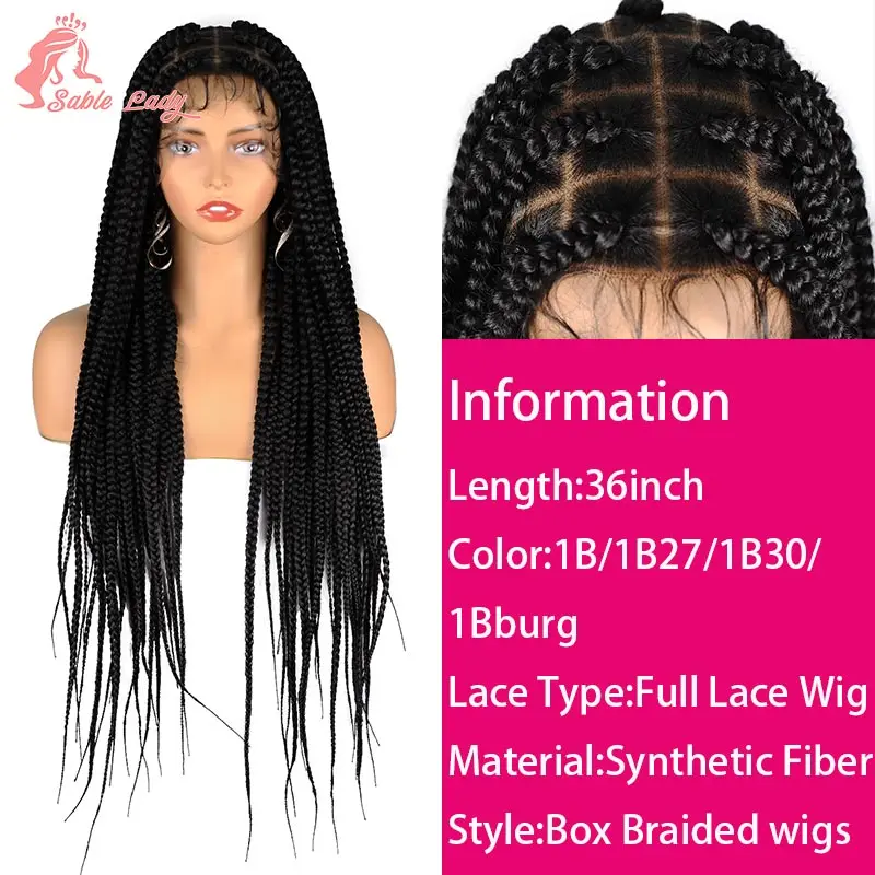 Full Lace trançado peruca para mulheres negras, sintético Jumbo, tranças Cornrow, Knotless Box, peruca frontal, 36"