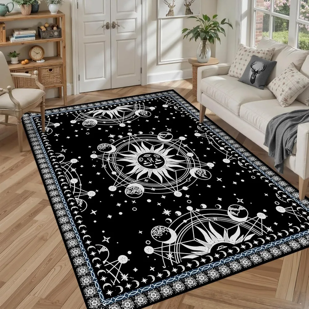 

5' X 7' Sun and Moon Rug Boho Celestial Area Rugs for Bedroom Dorm Living Room Bohemian Occult Crescent Solar Stars Galaxy Floor