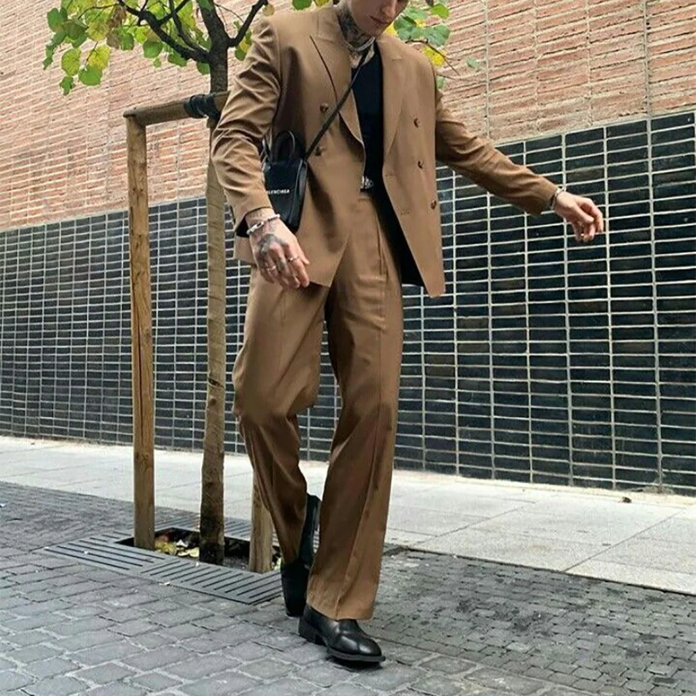 

High Street Men Suits Two Pieces Peaked Lapel Double Breasted Blazer with Pants Casual Fashion Party Daily Male Clothing