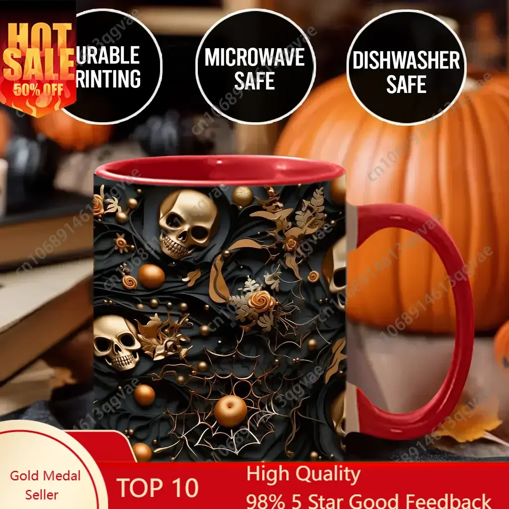 

Beautiful Skull Coffee Mug Floral Skull Print Design Halloween Skull Ceramic Drinkware 11 Oz Ceramic Beverage Water Cup