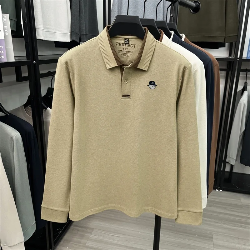Herbstliches, bequemes Herren-Polohemd mit Print, Baumwollanteil, warm, einfarbig, langärmeliges T-Shirt, lässige Herrenbekleidung für den Alltag – Detail 3