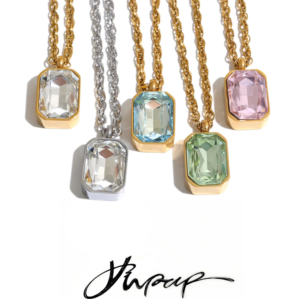 Yhpup Multi Color Stainless Steel Zircon Square Necklace Pendant Shiny Fashion Exquisite Chic Jewelry Rust Proof