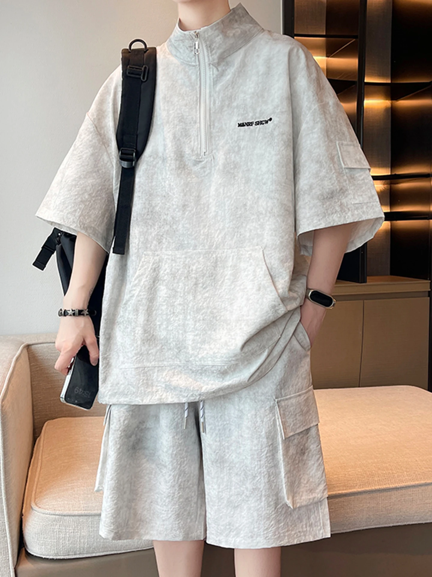 casual-zipper-half-open-men's-summer-thin-workwear-two-piece-set-cool-feeling-breathable-stylish-clothes-for-teenagers
