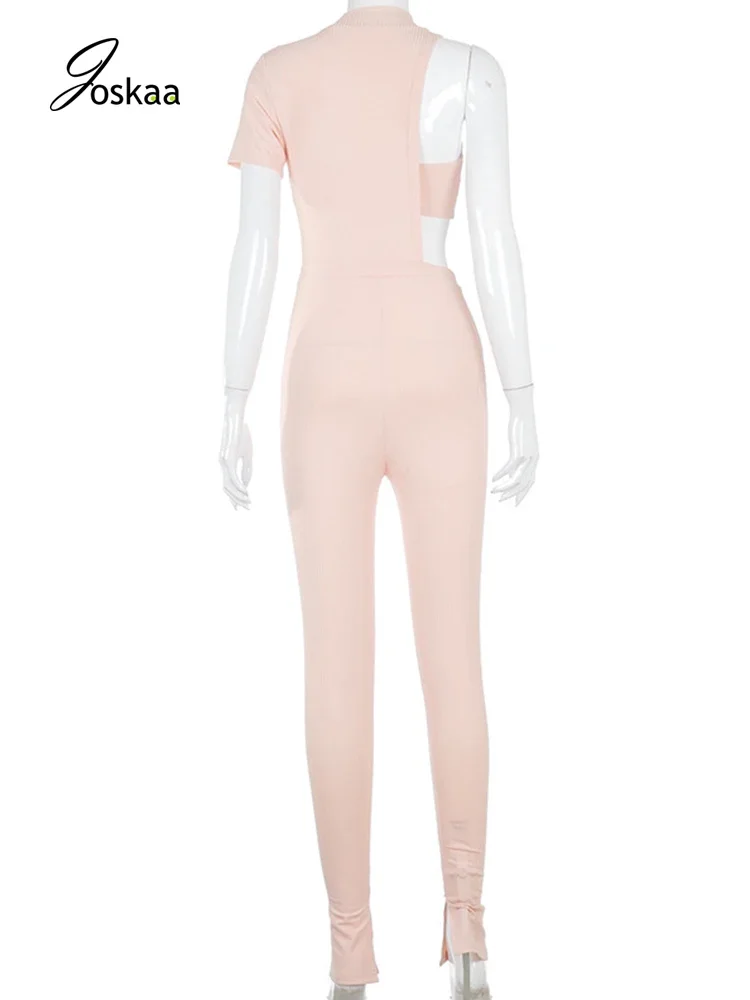Joskaa Ribbed Women Jumpsuit Autumn Short Sleeve One Shoulder Sexy Club Rompers Hem Sporty Femme Clothes Summer Rompers Overall