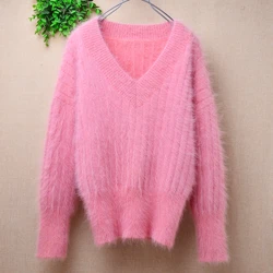 Women Mujer Autumn Winter Clothing Sweet Pink Hairy Angora Rabbit Hair Knitted V-Neck Long Sleeves Slim Blouses Pullover Sweater