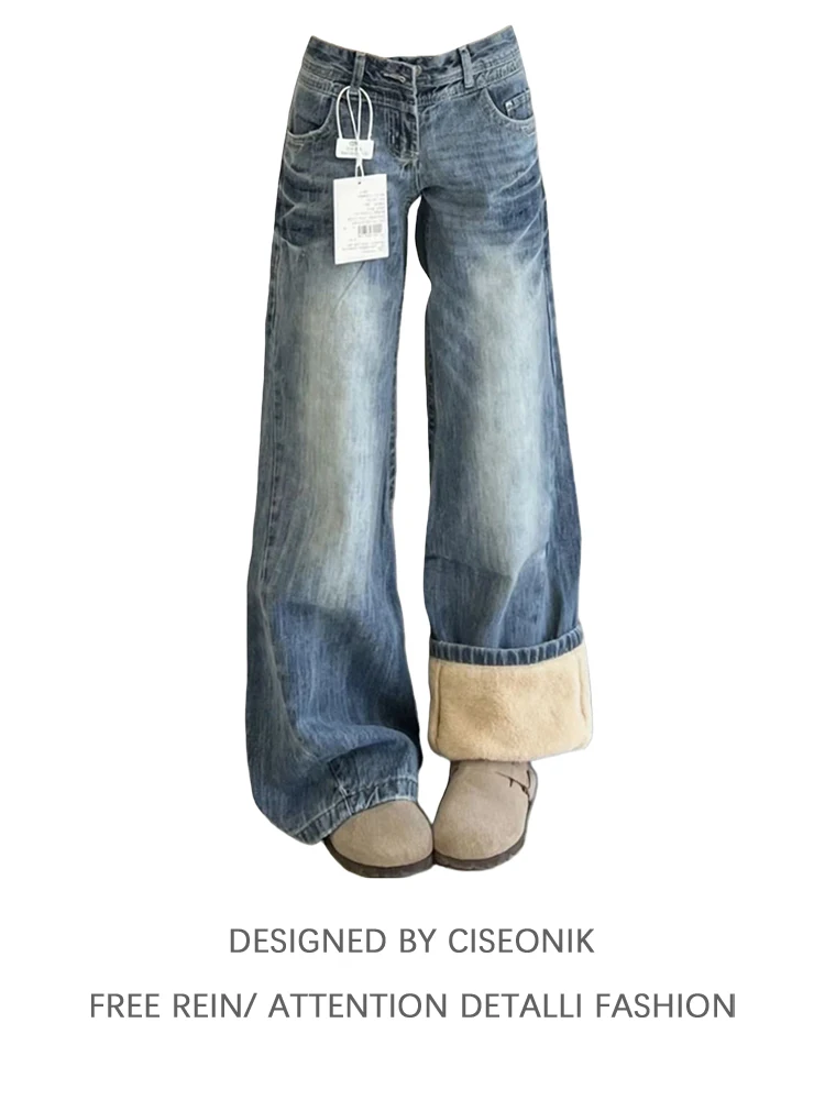 

plus Size Fce Lined Thiened Micro Flared Denim Jeans Women's Autumn Winter Loose Wide Leg Pants High Waist Casual Sle