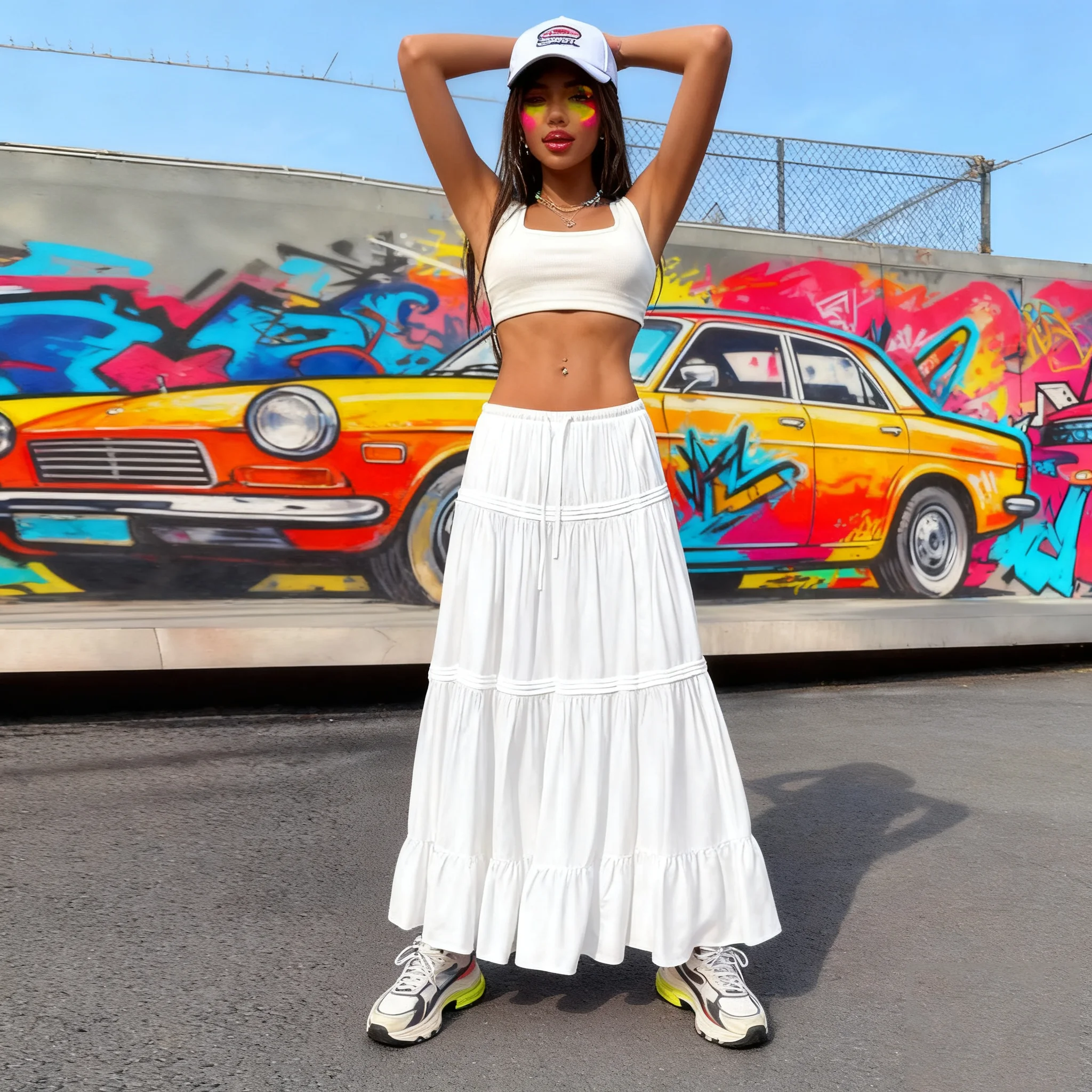 Y2K Harajuku Hot Girl Gentle Style White Half Skirt Spring and Autumn Women High Waist Trendy Medium Length Half Skirt