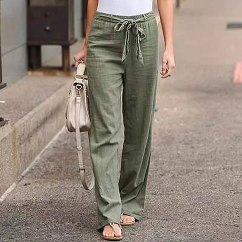 Women's Casual Solid Color Harajuku High Waist Pants with Belt 2024 Cotton Linen Long Straight Wide Leg Pant Female Trousers Pop