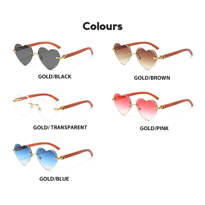 Fashion Women Rimless Heart Shaped Sunglasses Gradient Outdoor Goggles Female Eyewear UV400 Shades Wooden Women Girls Sunglasses