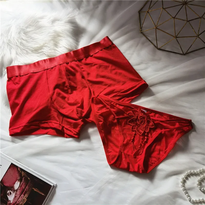 2Pcs Men and Women\'s Red Boxer Shorts, Underwear For Couples, New Year Red Panties, Sexy Woman Briefs