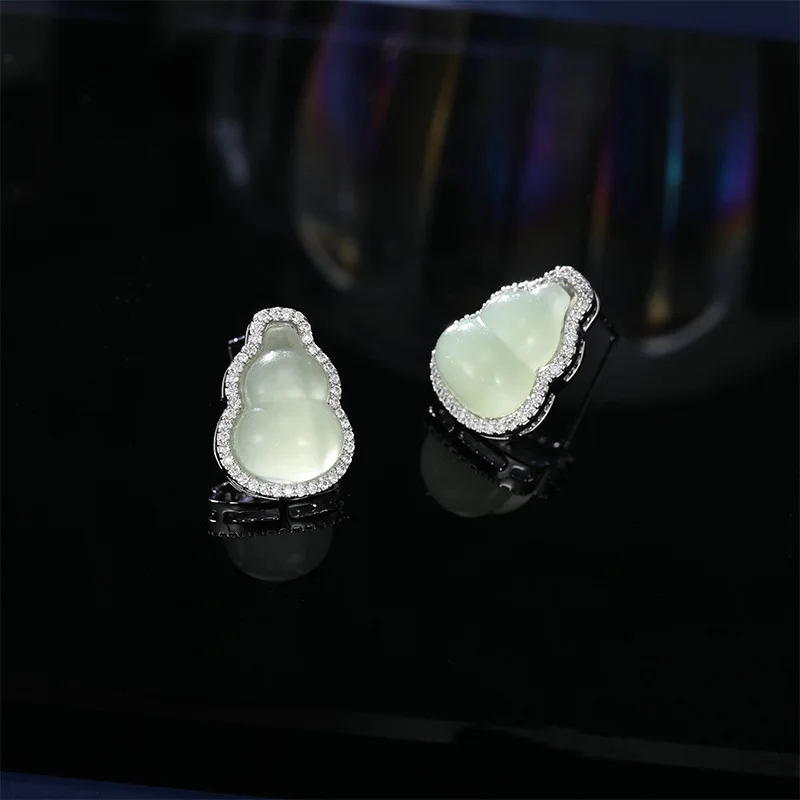 2025 Новый комплект браслетов с открытым кольцом в китайском стиле из искусственной нефрита и тыквы Фу Лу, нишевые и высококачественные серьги