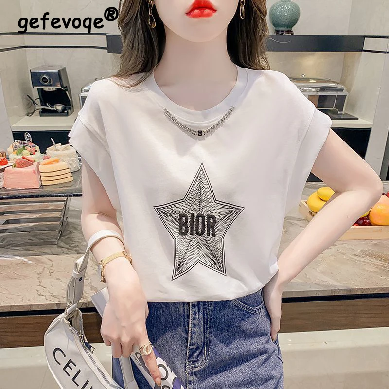 

2023 Women Summer Trendy Chain Letter Star Print Cotton T Shirt Casual Streetwear Short Sleeve Loose Pullover Tops Ropa De Mujer