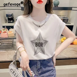 2023 Women Summer Trendy Chain Letter Star Print Cotton T Shirt Casual Streetwear Short Sleeve Loose Pullover Tops Ropa De Mujer