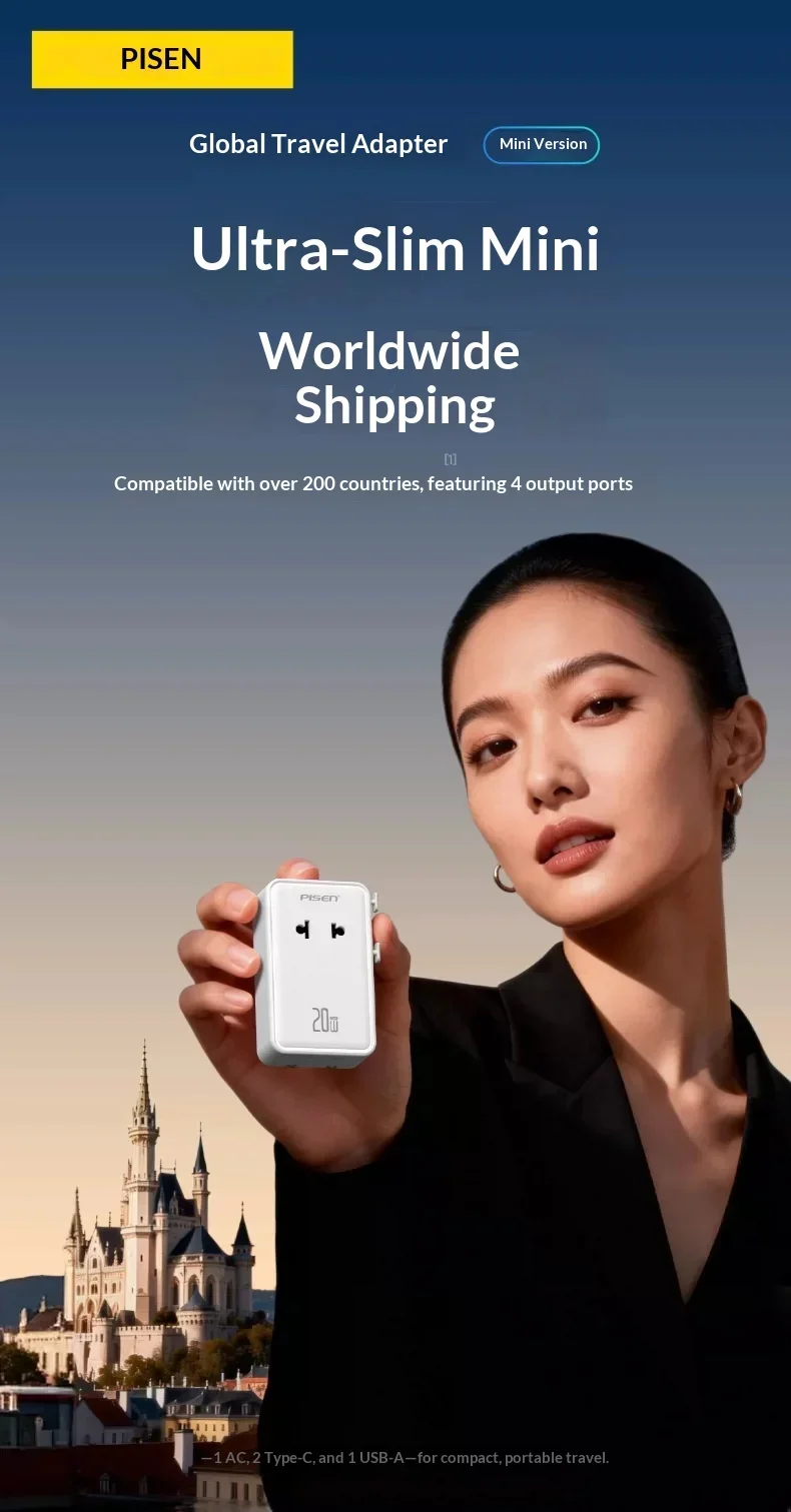 Pisen FYD-KF01 Travel Adapter 20W GaN Slim Universal AC Socket 2 USB-C 1 USB-A Charging Ports US EU UK AU Plugs 100-240V Input