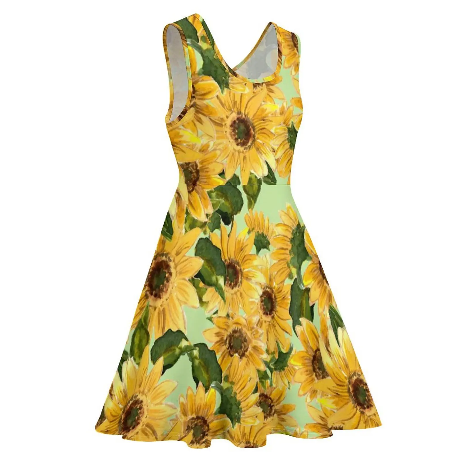 Blooming Sunflower Dress Yellow Flowers Street Wear Dresses Womens Boho Beach Skate Dress Spring Pattern Vestido Large Size