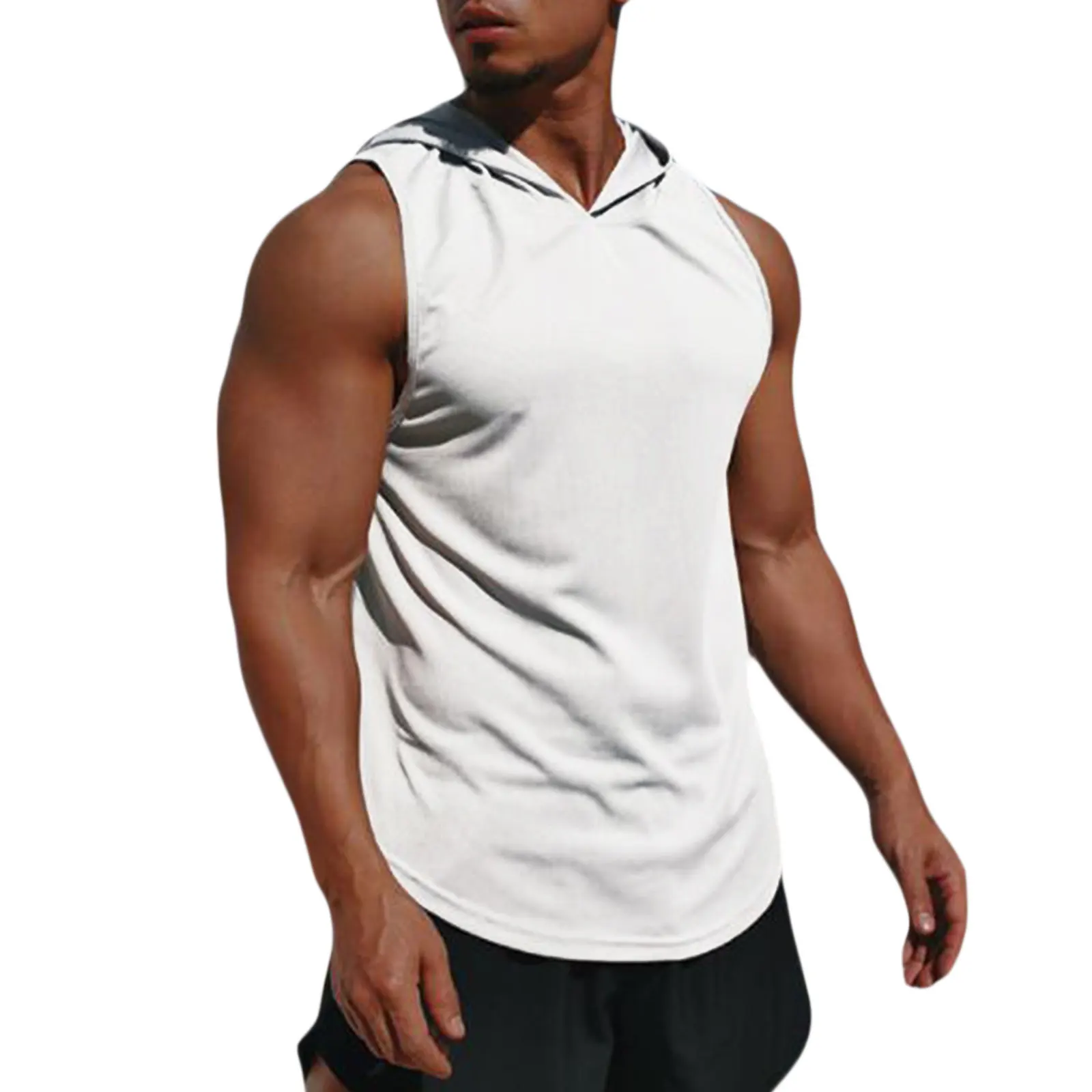 Solid Color Casual Men Muscle  gym Hoodie Tank Top  Letter Loose cotton Bodybuilding Sleeveless Vests Hooded Men T-shirt