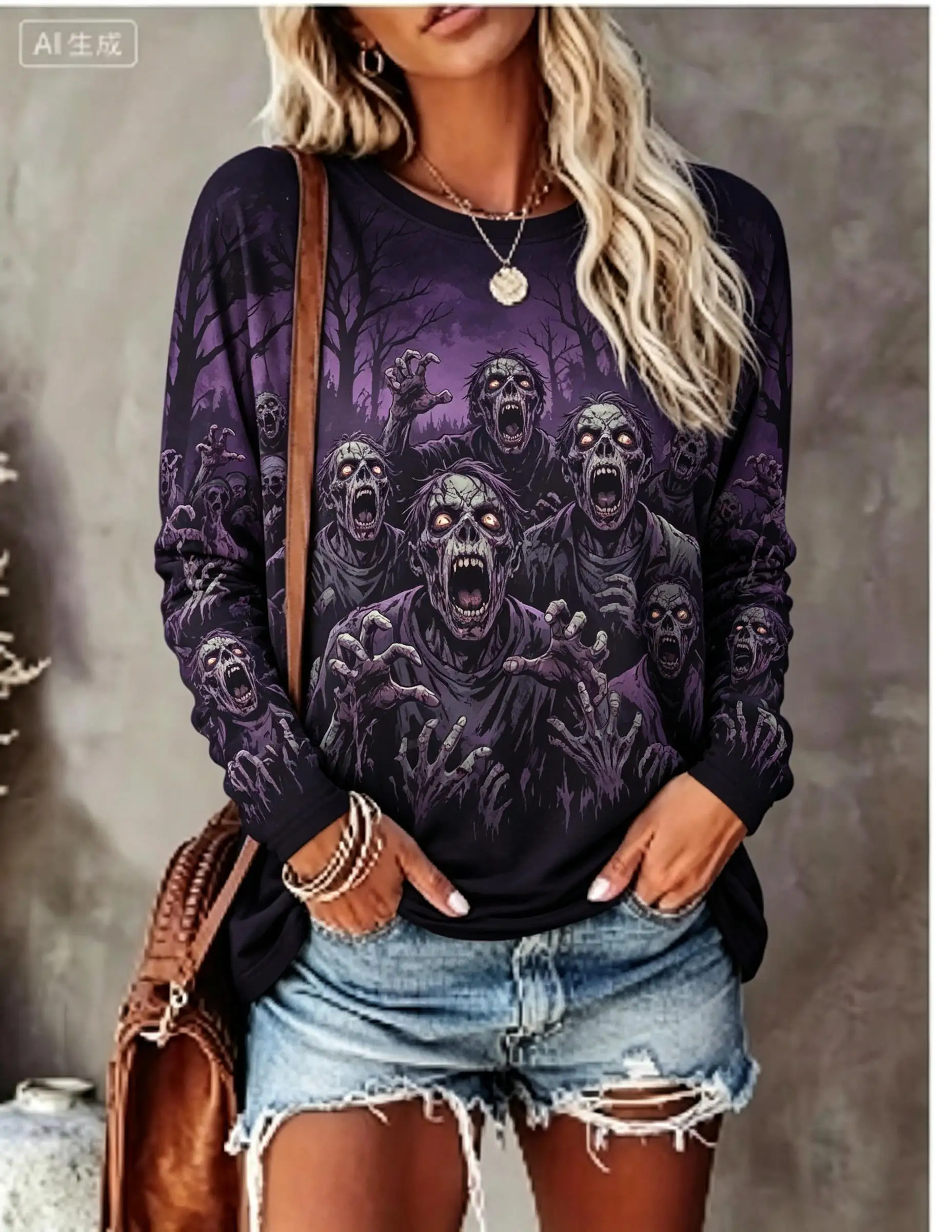 Women Halloween Long Sleeve T‑Shirt Zombie Horde Graveyard Horror Gothic Print Crew Neck Tops