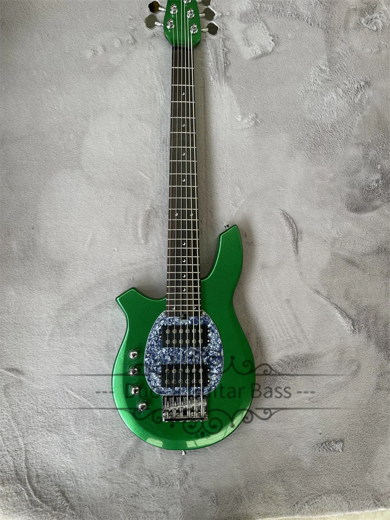 

Left Hand Bass Guitar 6 Strings Metal Green Bass Blue Pearl Pickguard Rosewood Fingerboard Moon Inlay Actrive Battery