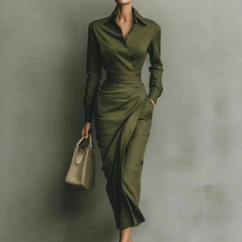 Lente herfst turn-down kraag chique maxi-jurk, dames vakantie eenvoudige feestjurk met lange mouwen, 2025, elegante damesjurk met knopen