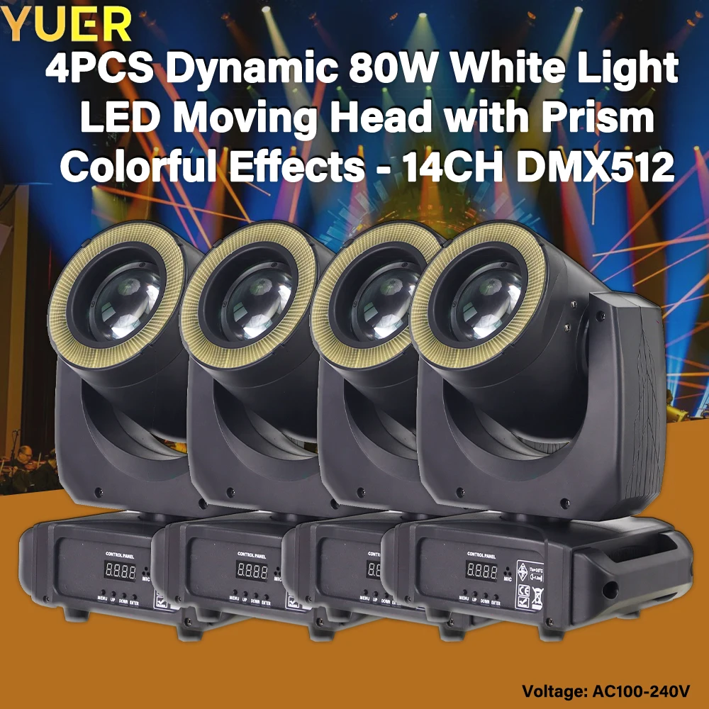 Quad Pack: 4x 80W White LED Moving Heads, Stage Lighting, Prism, Rainbow Effect, 7 Colors + White, Patterns + Shake, 14CH DMX512