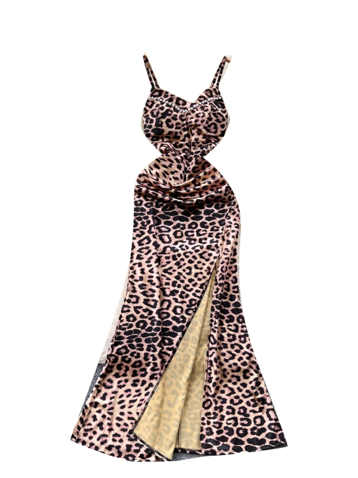 Vestido largo con tirantes para mujer, vestido Sexy de verano con estampado de leopardo de satén dividido, ajustado, cola de pez, para fiesta y Club