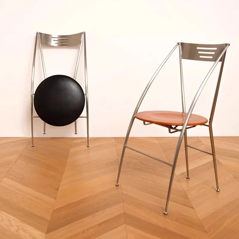 Medieval dining chair foldable living room home retro solid wood stainless steel leisure chair