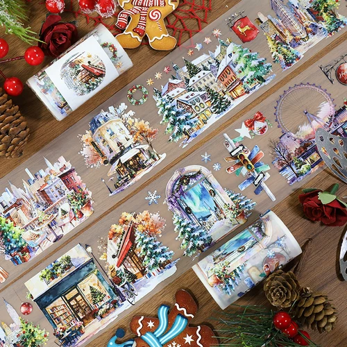 Imagen 1 del producto Cinta Adhesiva Decorativa PET de 70mm*200cm con Diseño Vintage de Luces de Ciudad, Material Creativo para Manualidades, Diario, Collage y Scrapbooking