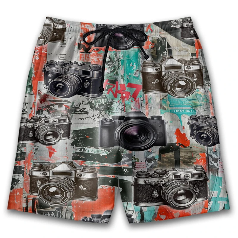 3d Printed Retro Cameras Shorts Men Street Trend Unique Short Pants Black White Striped Film Vintage Fashion Short Trousers