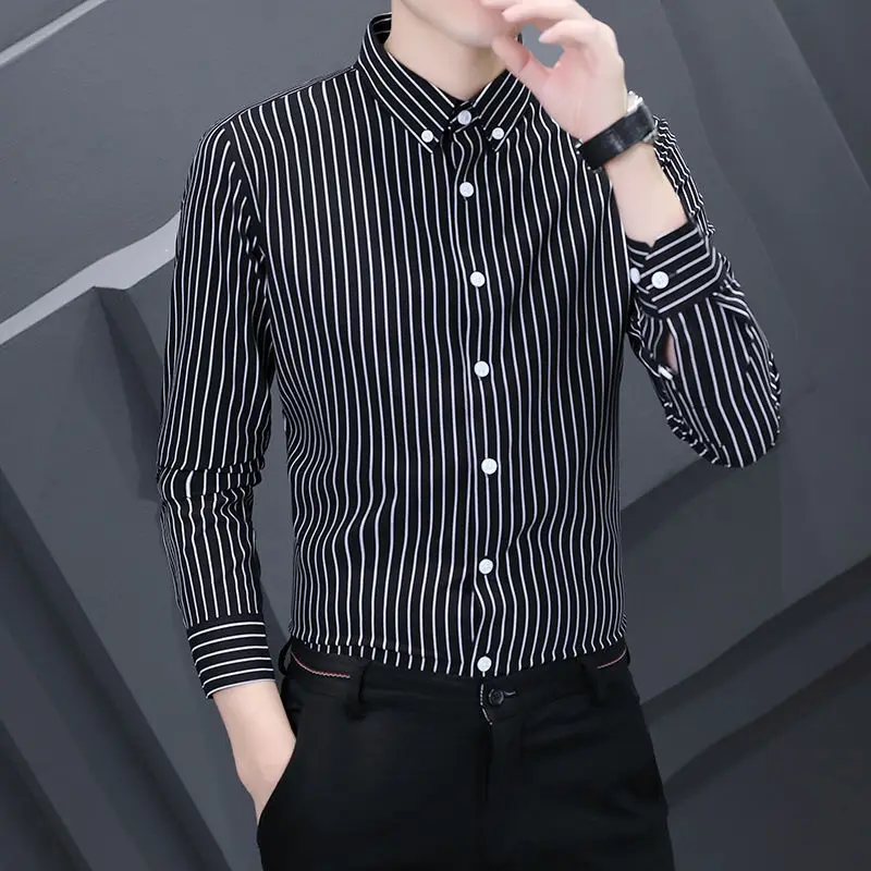 

2022 Autumn New Fashion Business Dress Casual Button Down Blouse Men Design Brand Slim Fit Shirts Long Sleeve Striped Tops W208