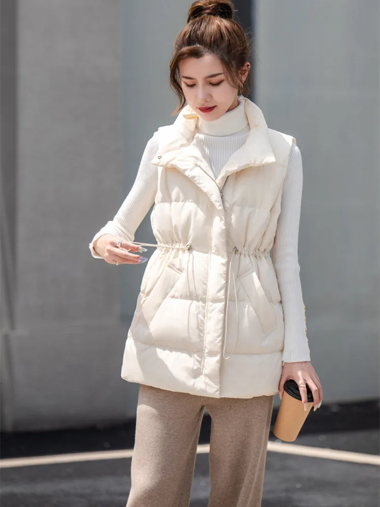 

Autumn Winter Warm Down Vest Women's Medium Long Jacket White Duck Down Lightweight Down Jacket Waist Vest