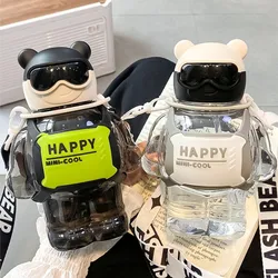 Children's Cool Water Bottle, Large Capacity, Cute Bear Cartoon, Creative Design, Plastic Straw Cup, Delivery Strap