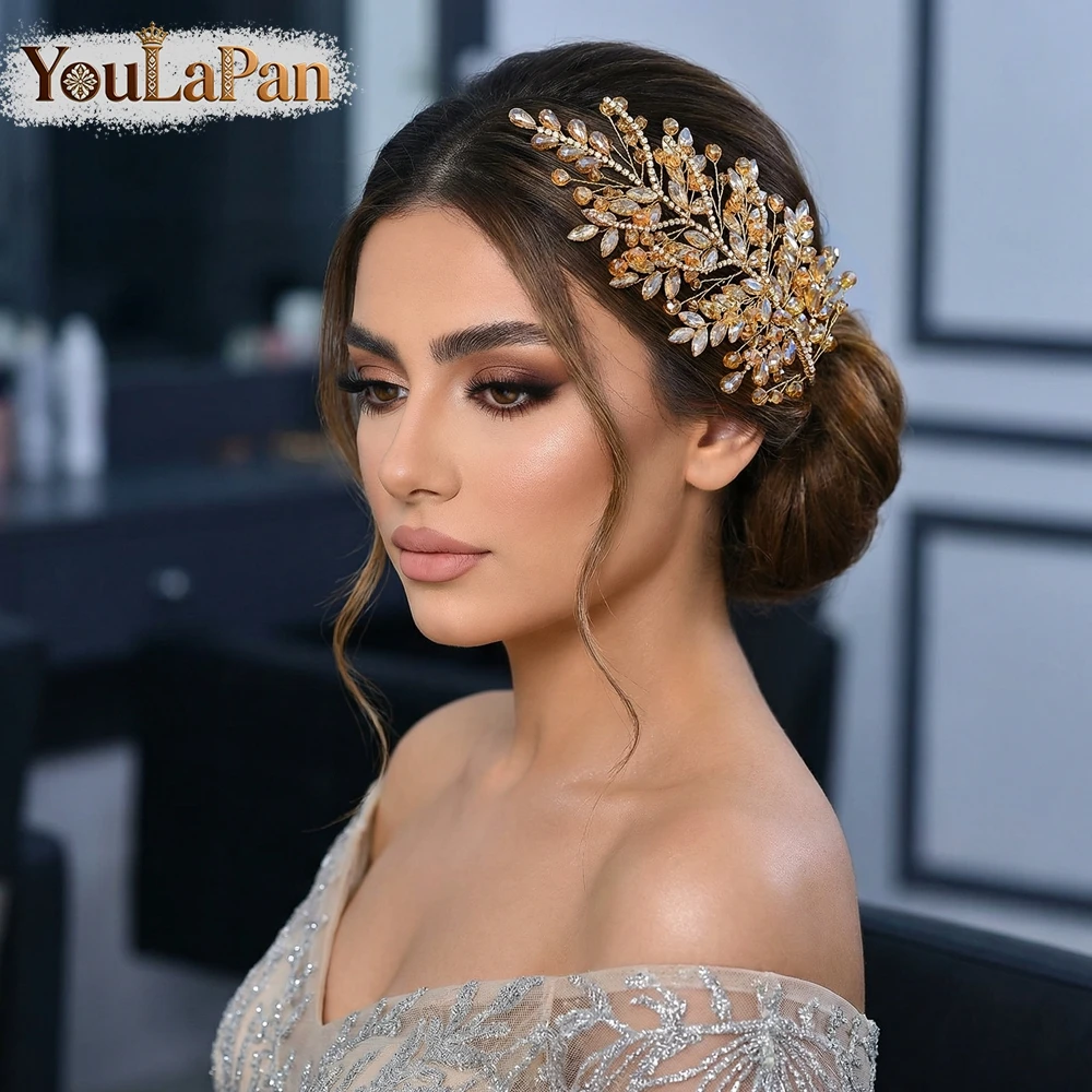 YouLaPan Luxury Bride Crystal Hair Pieces Champagne Color Rhinestone Headbands Handmade Wedding Headpieces Hair Accessory HP1002