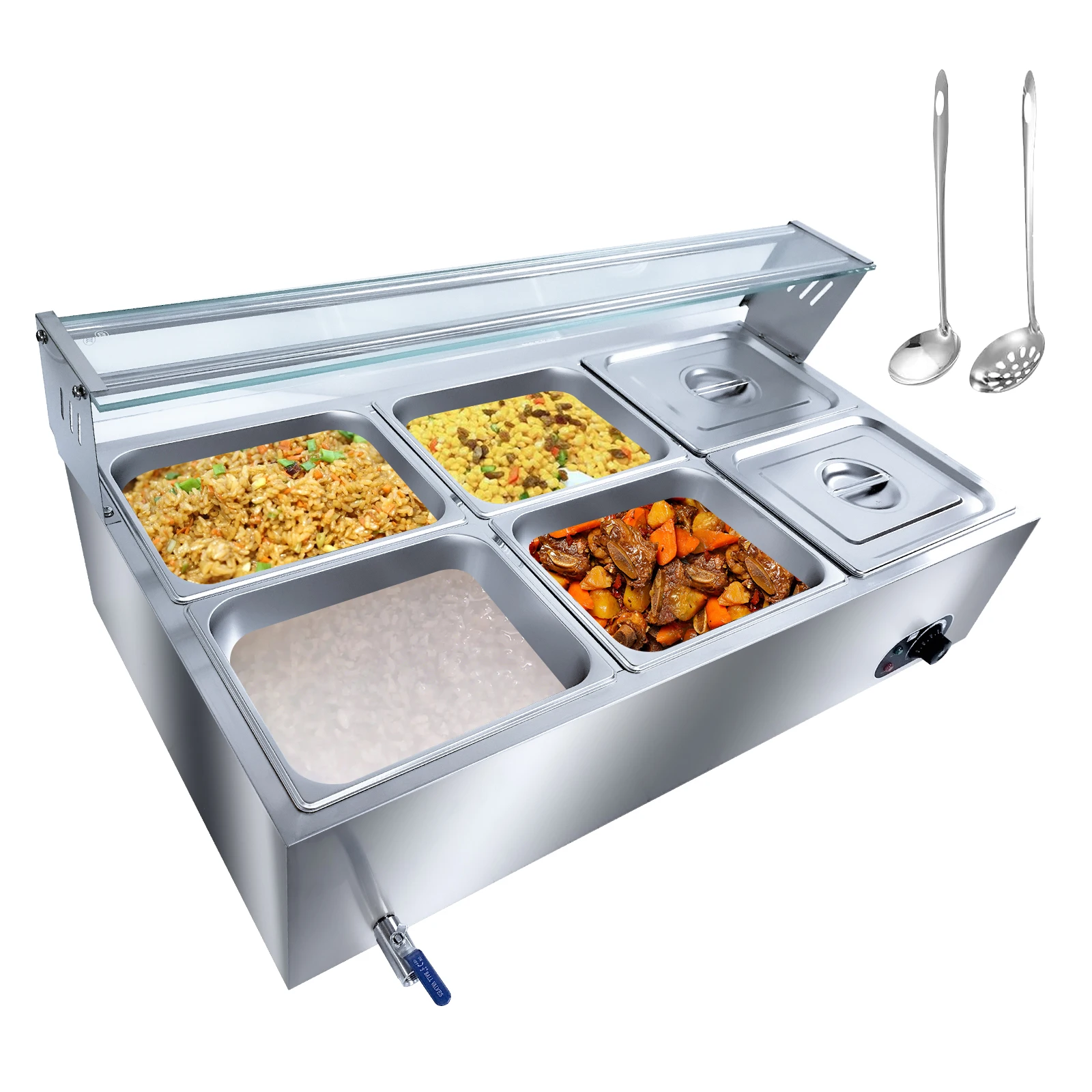 6-Pan Commercial Food Warmer,72 Qt Electric Steam Table,Stainless Steel Bain Marie with Tempered Glass Cover