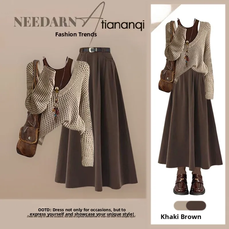 

American Sle Hollow out Design Women's Tee-Piece Set Spring 2026 Svel Top with Strap Skirt Slimming Effect