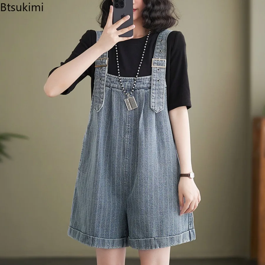 Fashion baju kodok Denim wanita baru musim panas longgar bergaris tali celana pendek gaya Korea romper kaki lebar 2024 Pakaian Wanita kebesaran