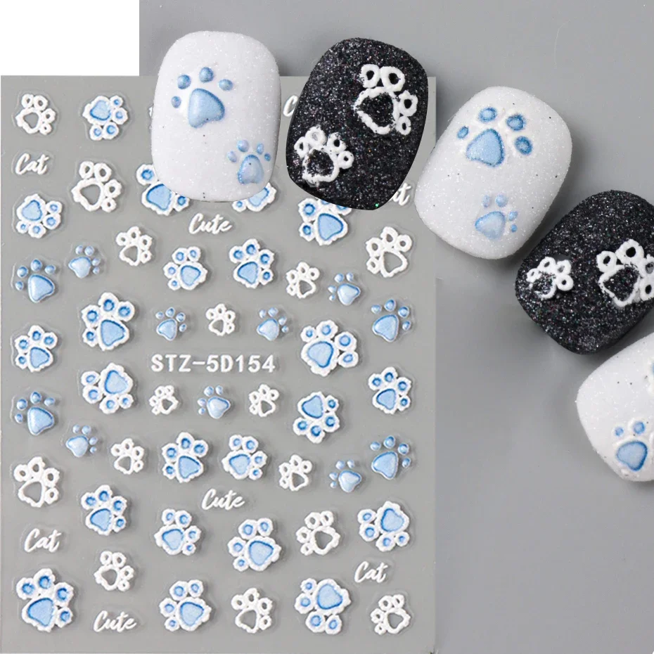 2pcs Cute Blue White Cat Footprints Nail Art Sticker Cartoon DIY Self-Adhesive Decals Sliders Decorations Manicure Accessories 2