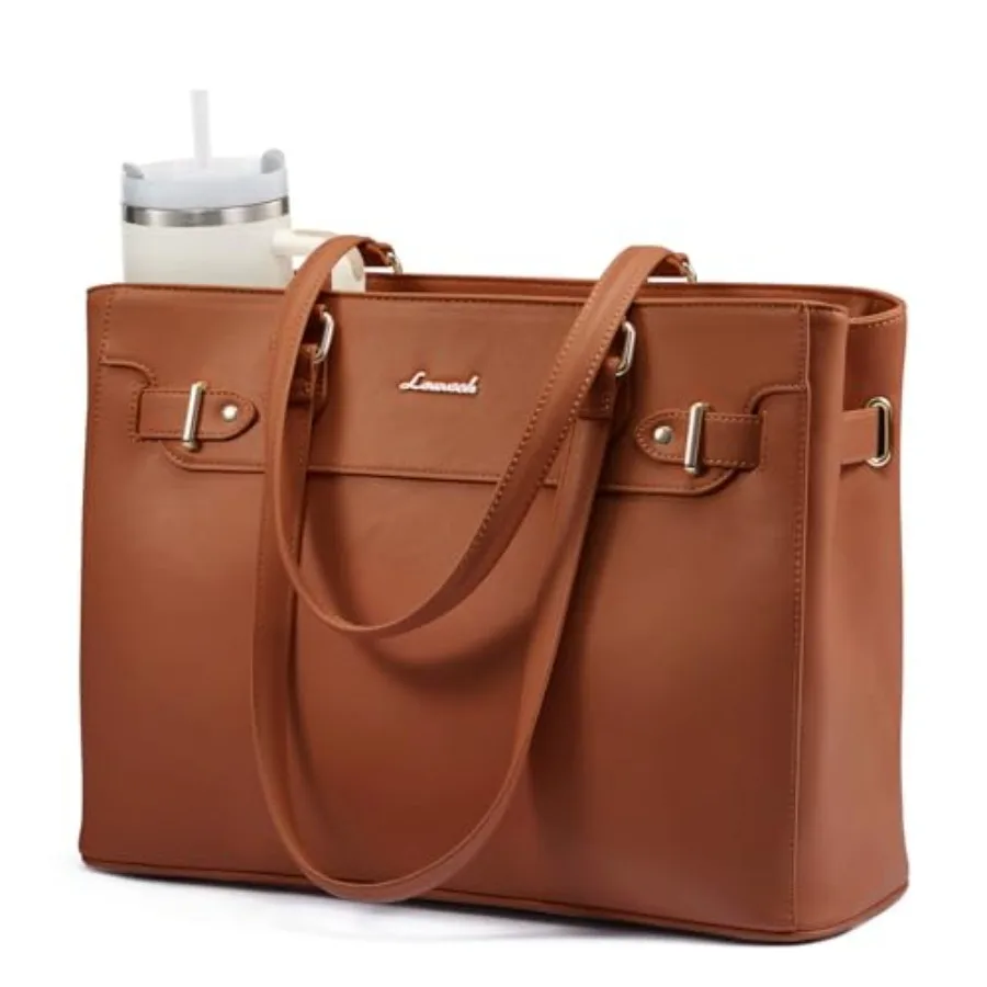 

LOVEVOOK Laptop Tote Bag for Women Work, Teacher Tote Bag with Large Cup Holder, Waterproof Leather Computer Bag
