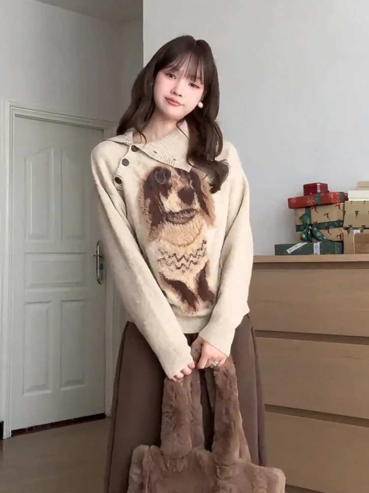 เสื้อสเวตเตอร์ถักลายสุนัขสไตล์เกาหลี ทรงหลวม สวมใส่สบาย เนื้อผ้านุ่ม แขนยาว คอกลม เหมาะสำหรับฤดูใบไม้ร่วงและฤดูหนาว
