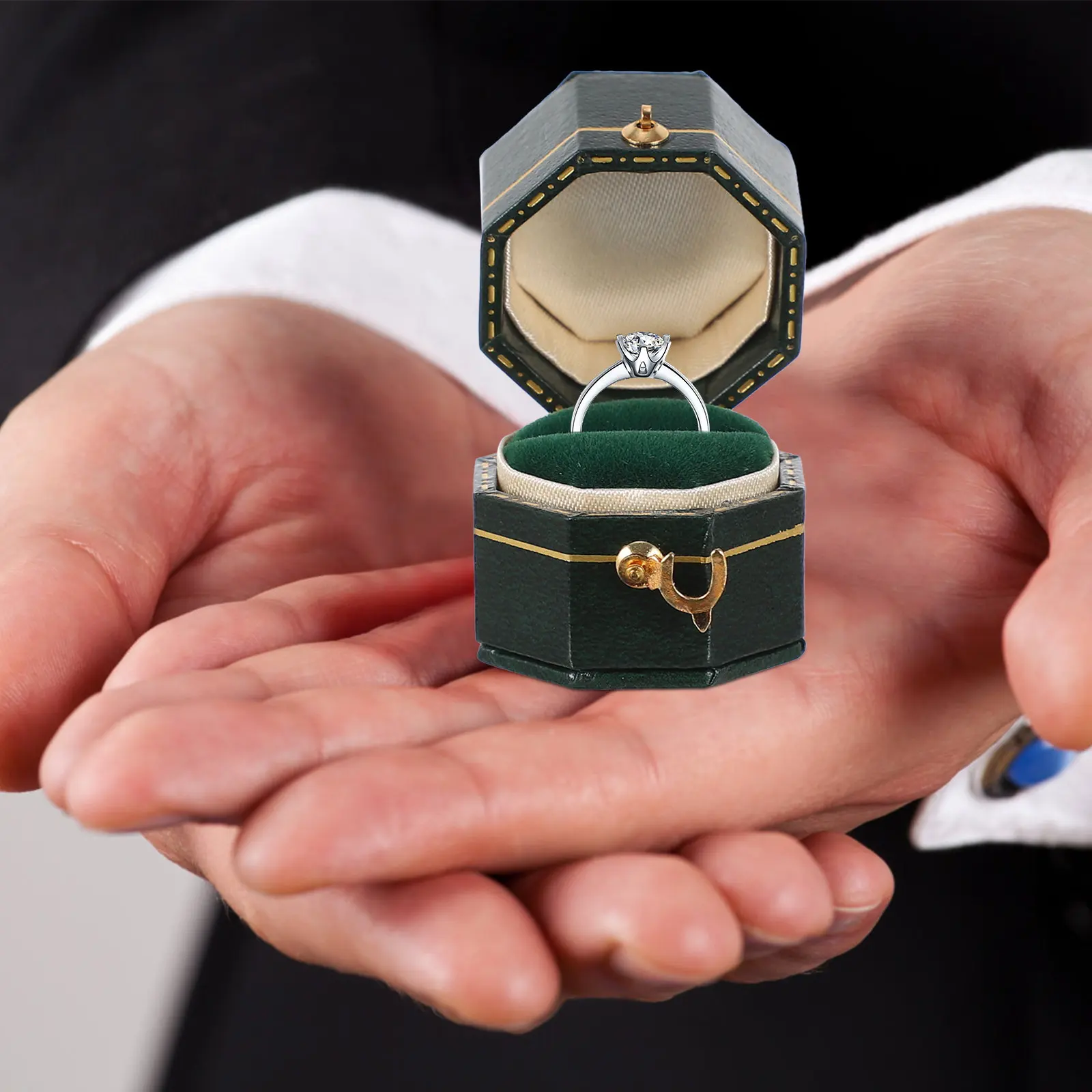 

Octagonal Ring Gift Box Solid Leatherette Retro Style Lightweight Portable Jewelry Storage Case Vintage Wedding Anniversary