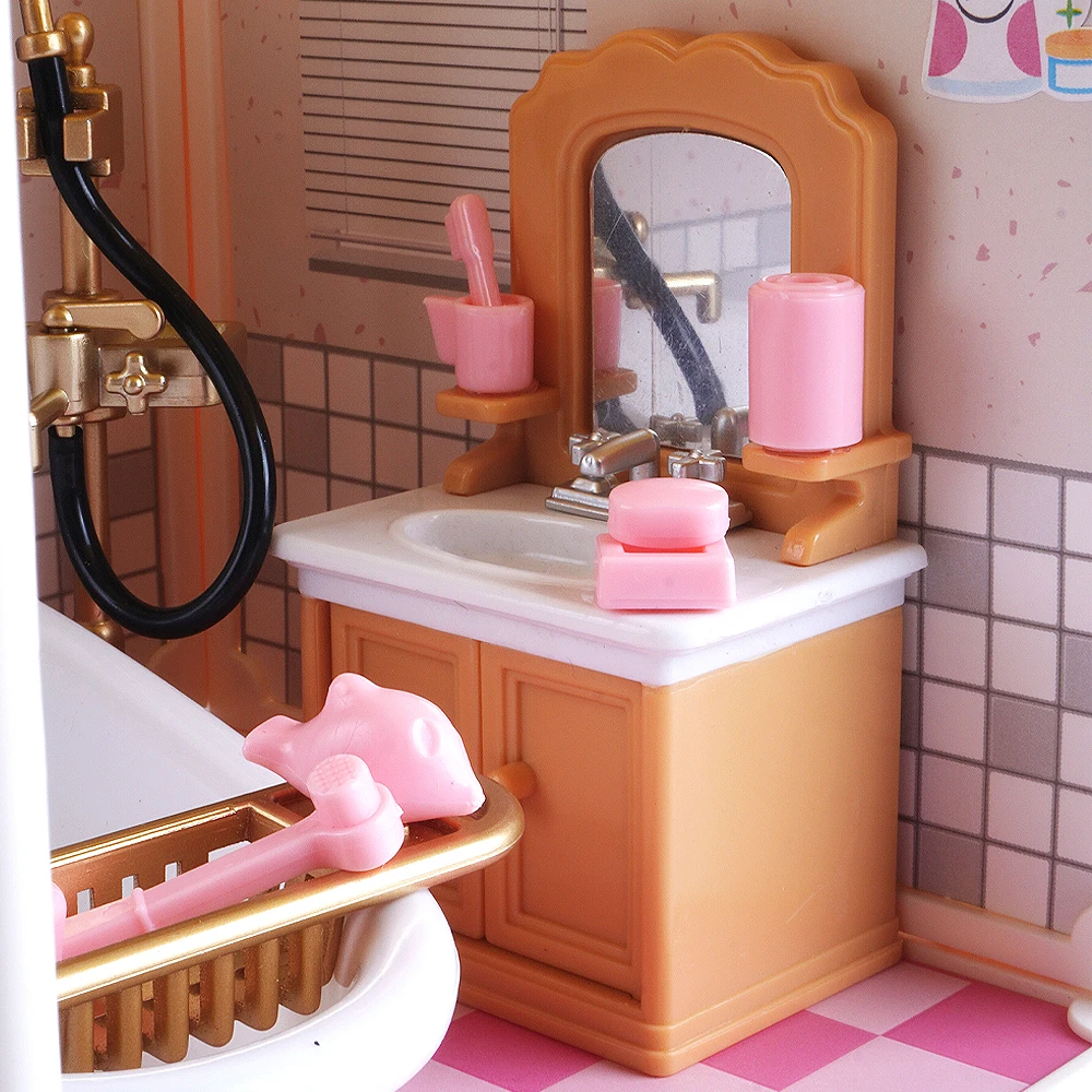 Lemon Bathe DIY Mini Bathroom Set Miniature House Kit With Led Lights Realistic Bathtub Sink Dollhouse Accessories Model Gift