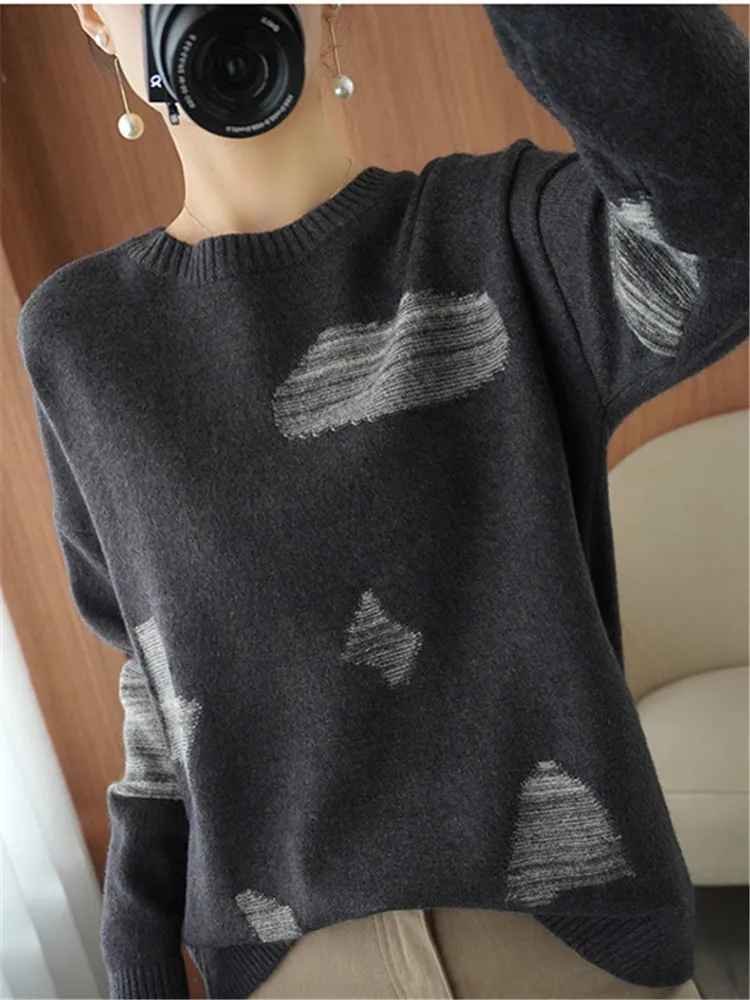 Stylish Printed O-Neck Spliced Korean Sweaters Women's Clothing Autumn Winter New All-match Casual Pullovers Loose Commute Tops