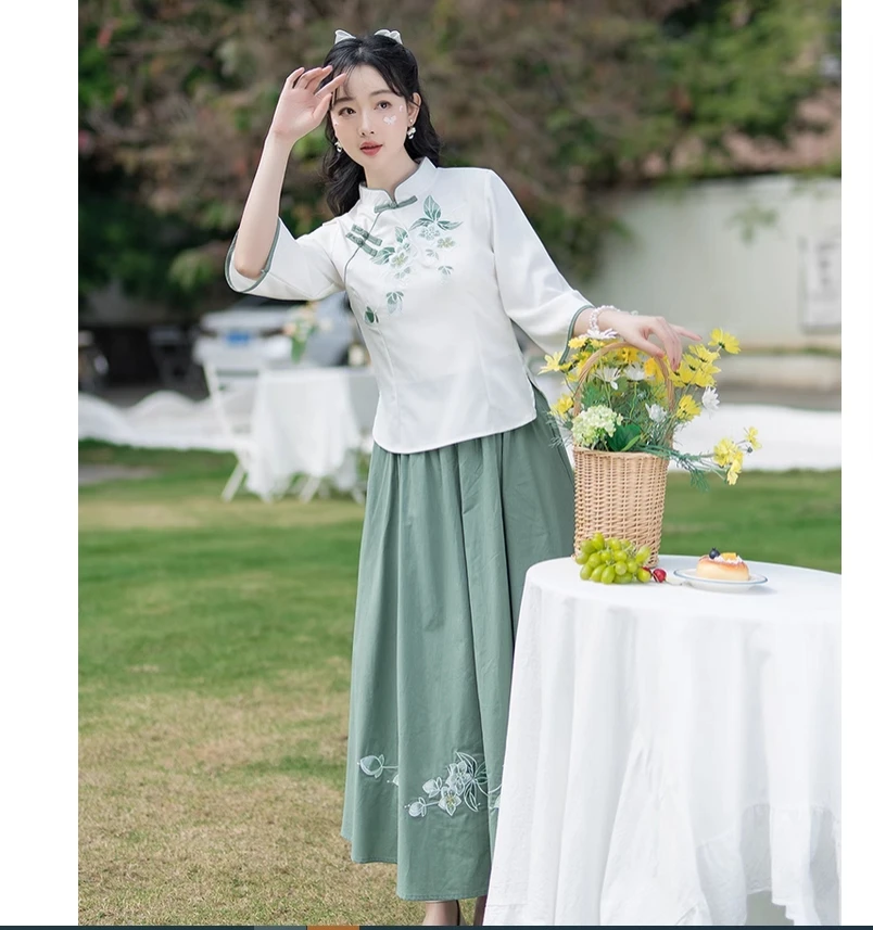 Fivela bordada melhorada cheongsam top, novo estilo chinês estudante hanfu algodão e linho conjunto saia feminina