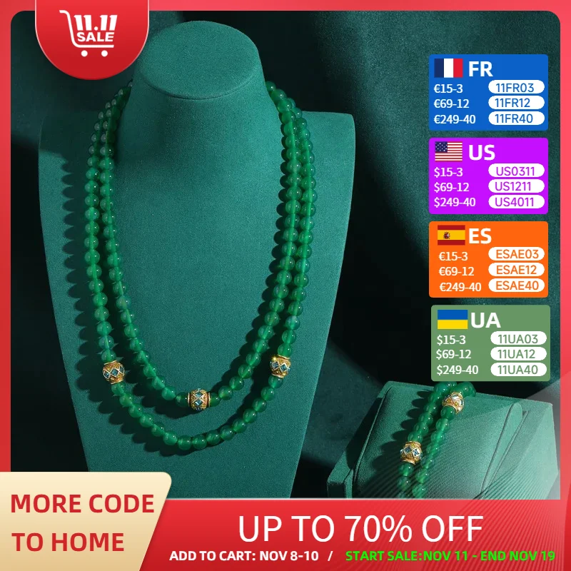 

Vintage Green Jewelry Set Boho Crystal Emerald Beaded Necklace Bohemian Women Layered Bracelet Antique Accessories Wedding 2025