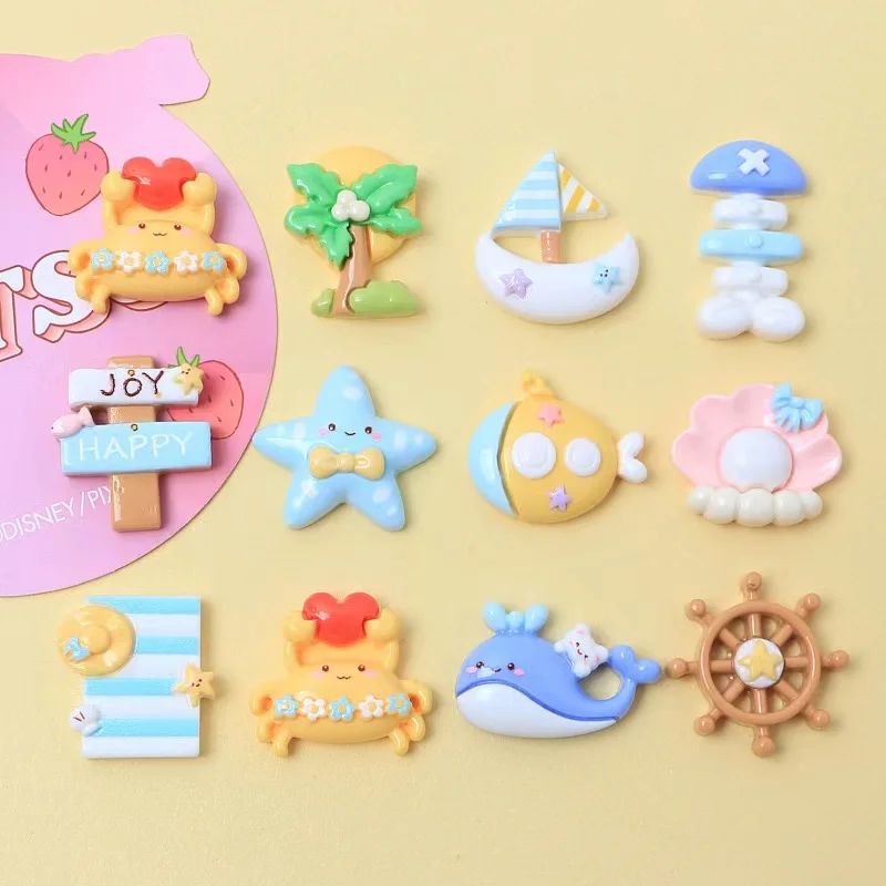 10Pcs New Resin Cartoon Starfish Shell Crab Sailboat Ocean Series Flat Back Parts Decorative Hair Bow Accessories Free Shipping