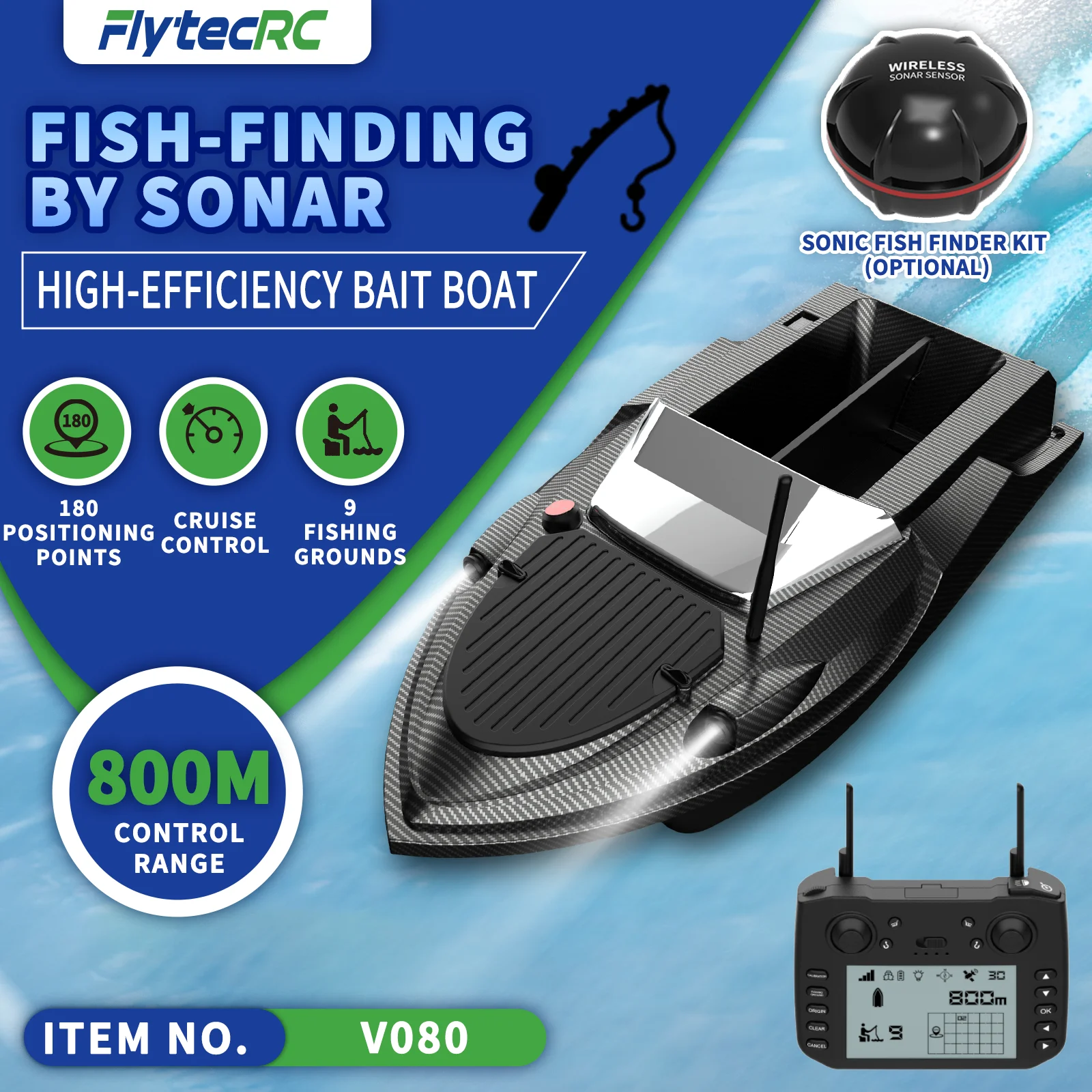 Flytec V080 GPS Barco de isca de pesca de carpa 800M 180 pontos 12V Barco de isca RC de alta velocidade com Sonar Fish Finder