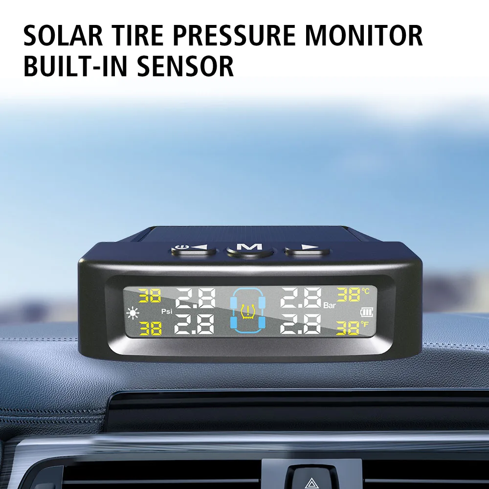 Sistema de Monitoramento de Pressão dos Pneus, Solar TPMS com 4 Sensores Externos, Aviso de Temperatura