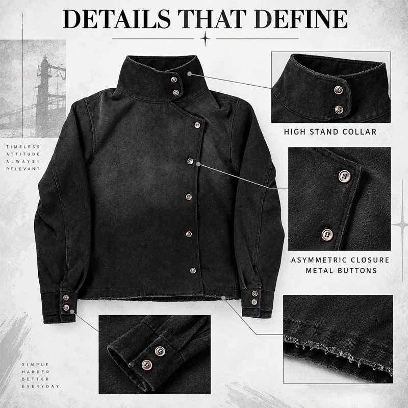 2026 Herbst Winter Unisex Gothic Asymmetrische Knopf-Cropped-Jacke Vintage Gewaschener Schwarzer Stehkragen Streetwear-Mantel – Detail 10