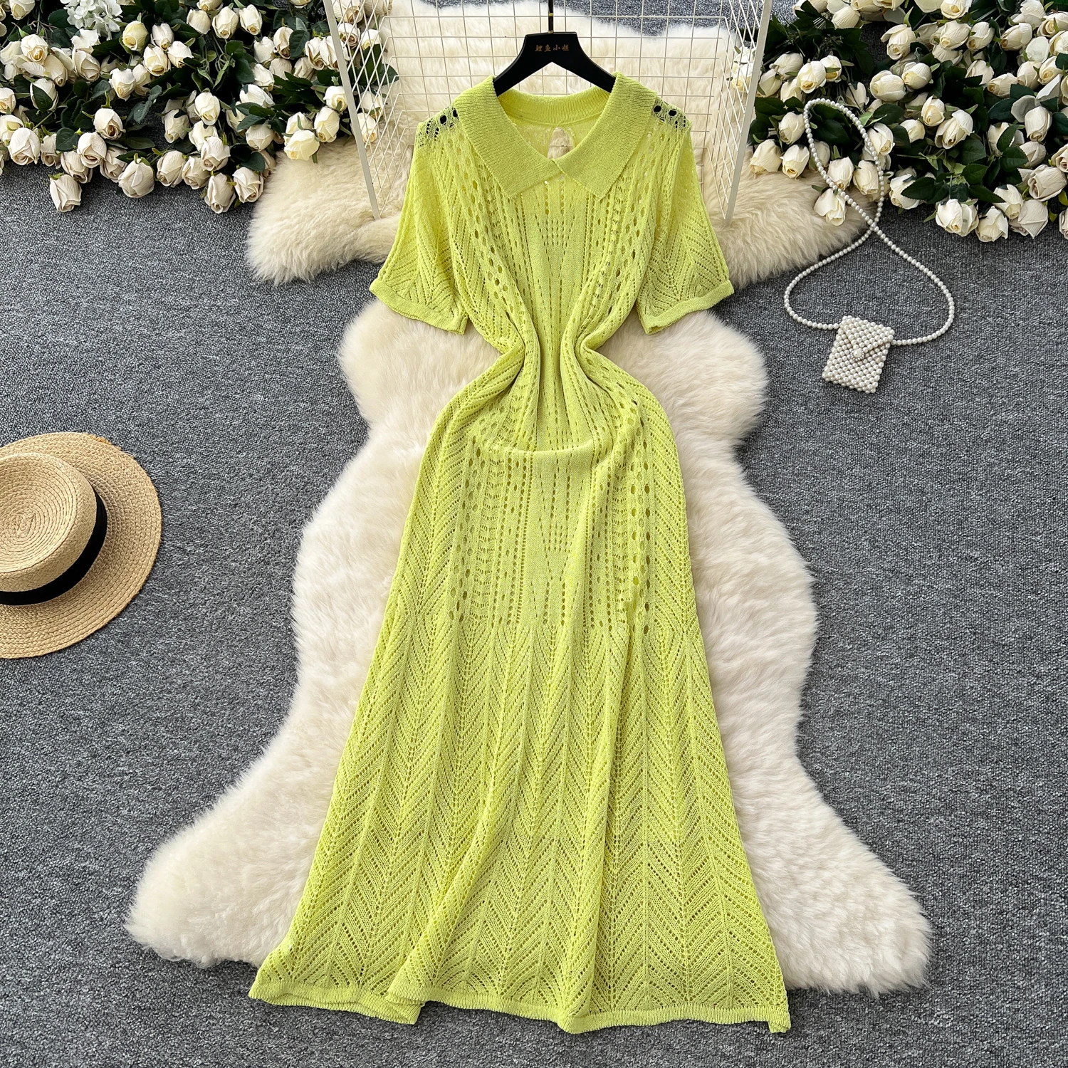 

Chic Elastic Bodycon Dress Hook flower hollow Knit Women Elegant Korean Fashion Two Piece Set Summer Slim