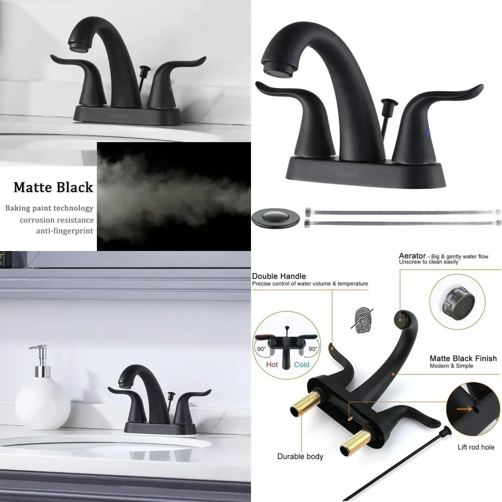 

Matte Black 2-Handle 4 Centerset Lavatory Faucet with Lift Rod Drain, 3-Hole Sink Mixer Tap, Lead-Free